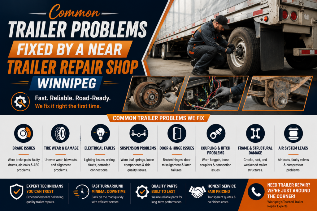 Technician performing Trailer inspection and repair Winnipeg on a commercial trailer at Akal Truck & Trailer Centre Inc.