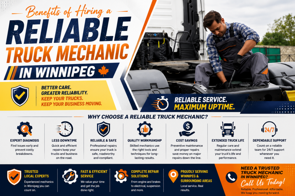 Experienced truck mechanic inspecting a heavy-duty semi truck at Akal Truck & Trailer Centre Inc. in Winnipeg, Manitoba.