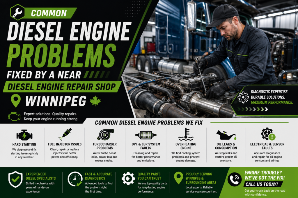 Heavy-duty diesel mechanic performing roadside diesel repair Winnipeg on a commercial truck engine in Winnipeg, Manitoba.