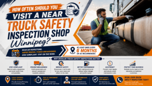 Professional mechanic performing a Vehicle safety inspection Winnipeg on a commercial truck at Akal Truck & Trailer Centre Inc.