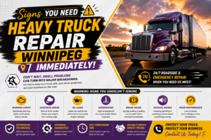 Heavy truck brake repair service in Winnipeg by professional mechanics inspecting commercial truck brakes